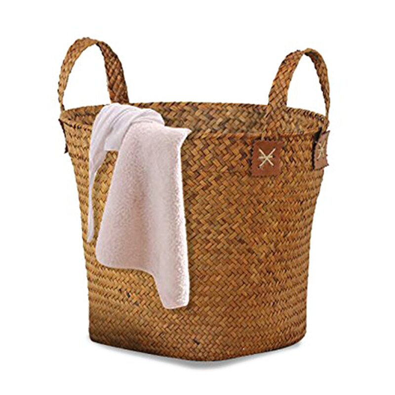 Naturlig rund halmkorg handgjord med handtag orange 33 x 21 x 26cm