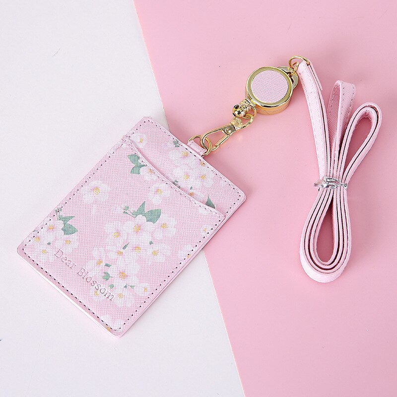 Blommor lädermärke hållare nyckelband id-kort märke namnmärke klipp rullar kontorstillbehör kawaii söt brytningsband