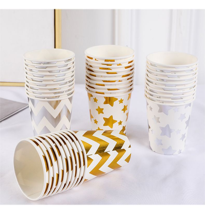 10Pcs Golden Cup Party Papier Servies Verjaardag Party Diner Plaat Stip Gestreepte Cup Voor Wedding Party Decoratie Collectie