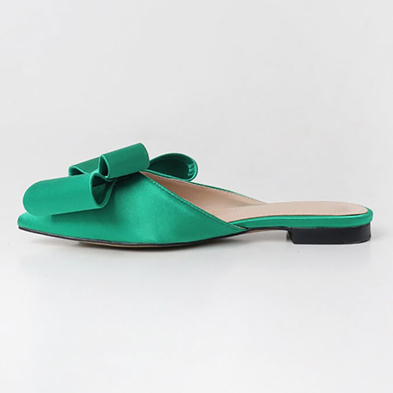 Zomer Vrouwen Schoenen Koreaanse Zijde Satijn Wees Teen Strikje Slippers Baotou Flats Hak Slides Slip Op Semi Slippers buiten: green / 8.5