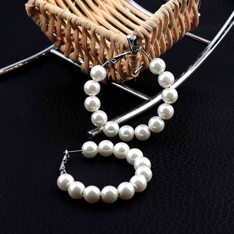 Nova moda pérola hoop brincos para mulher exagera oversize elegante criativo pérola círculo orelha anéis jóias presente acessórios