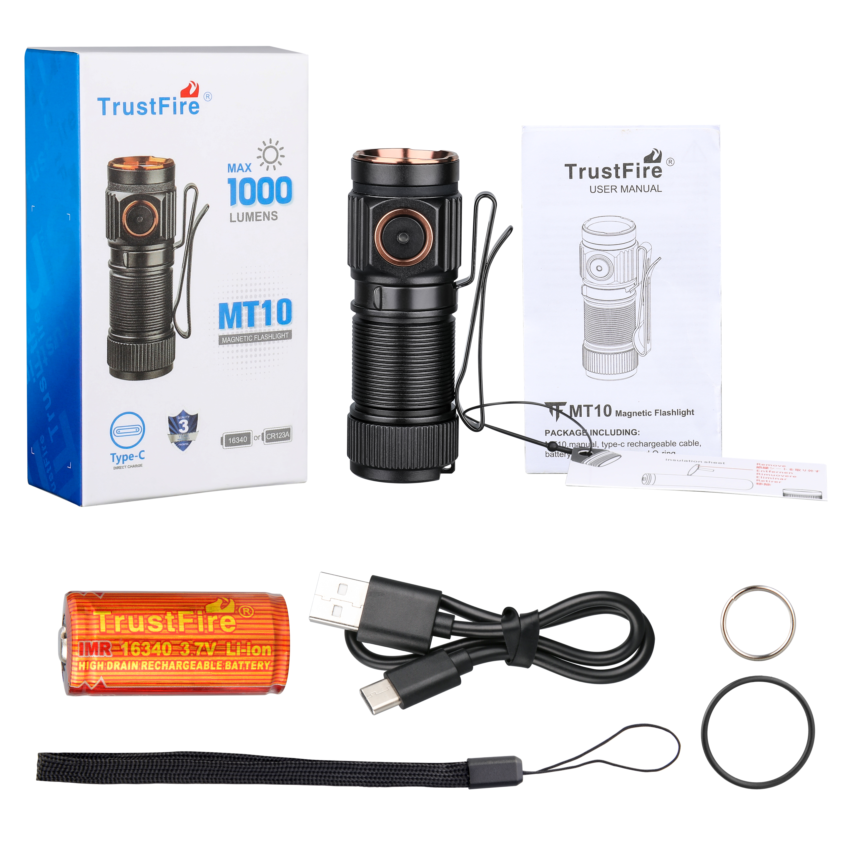 Trustfire MT10 linterna LED 1000 lúmenes tipo USB C recargable Mini 16340 batería antorcha IPX8 lámpara óptica MVB con cola magnética: Default Title