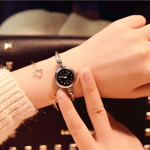 Diamant luksus ståltråd armbånd armbånd ure kvinder mærke små vintage damer armbåndsure kvindelige ur: Sølv sort