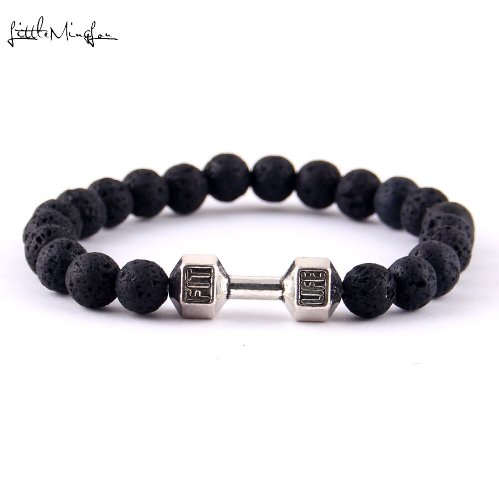 Little Minglittle Fit Life Dumbbell charm fitness bracelet Black Matte stone bead men Bracelets & bangles for women jewelry: 4238h