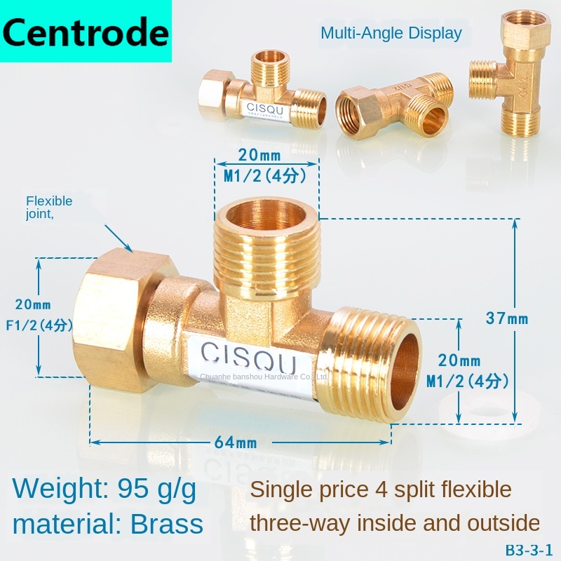 1/2IN Copper Joints, Inside and Outside Ribbons, Live Elbow, Three-way Heating, Natural Gas, Solar Water Heating Pipe Fittings: 95g 4 points copper
