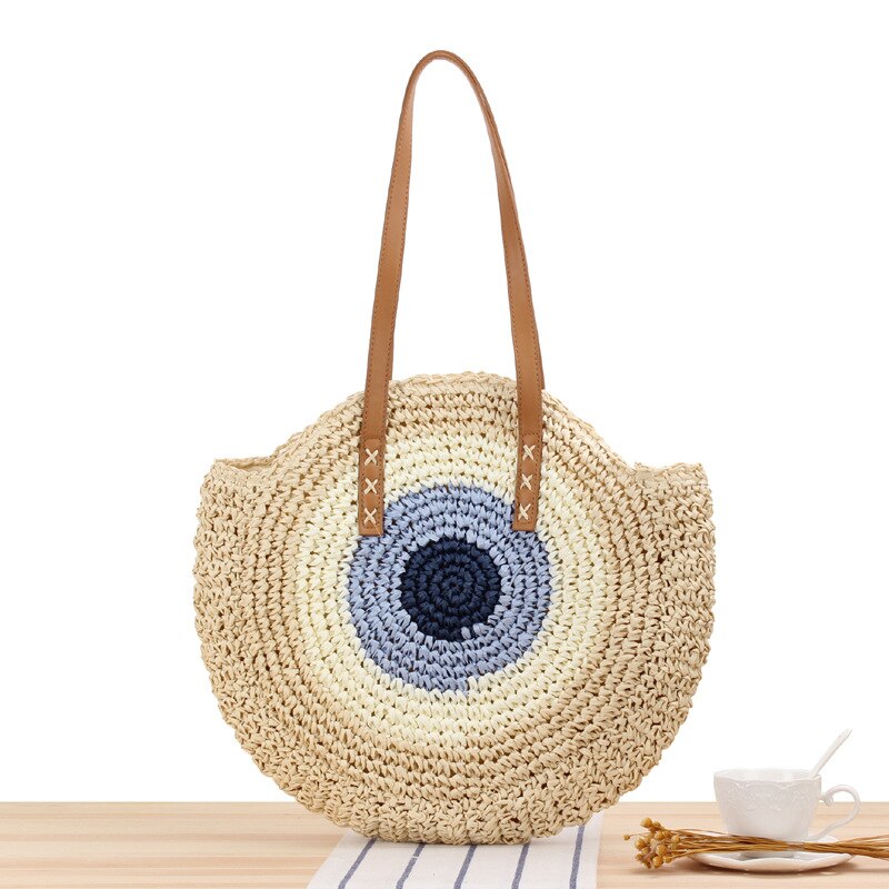 Bolso de playa de paja para mujer, bolsa de rafia tejida a mano de estilo bohemio e informal y con redondo para el verano: Beige Blue  L