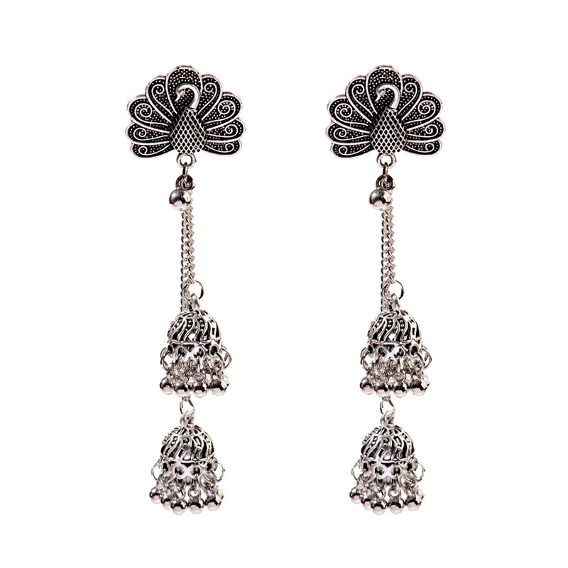 Vintage Indian Bollywood Kundan Peacock Carved Jhumka Jhumki Water Earrings Women Boho Ethnic Long Tassel Earring Jewelry: HXE211-2