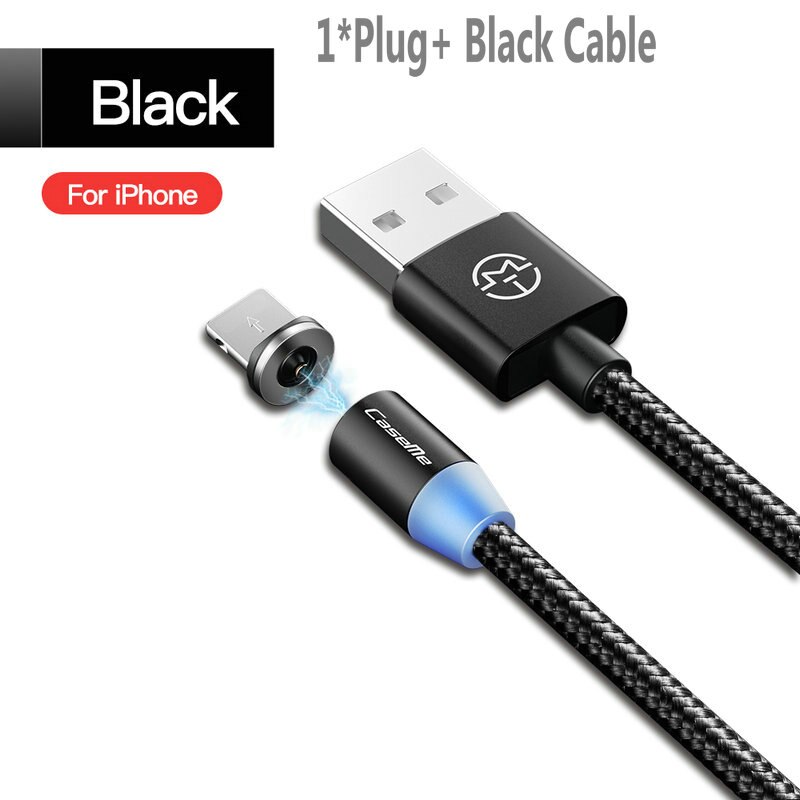 CaseMe-Cable magnético tipo C micro USB para iPhone, Cable LED de carga rápida de 1M, cargador magnético tipo C, conector de teléfono: For iPhone -Black