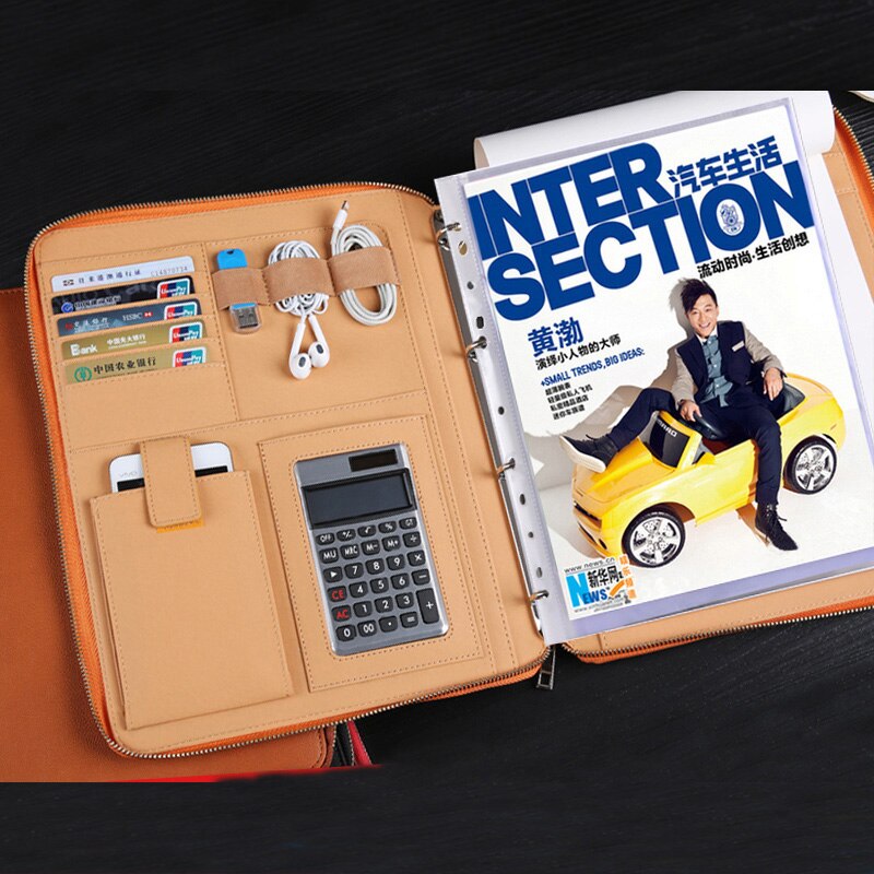 high-level business office leather A4 document zipper bag zipped folder briefcase for documents padfolio with ring binder 1217A