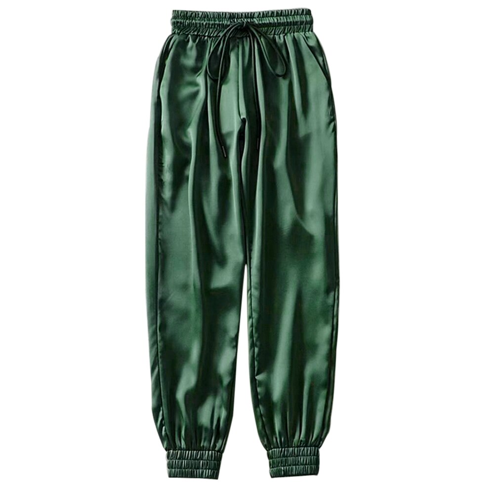 Kvinner sommer sateng last bukser kvinner europa snøringe løs fritidssport bukse kvinner bf joggere streetwears last bukser: Grønn / Asiatisk størrelse xl