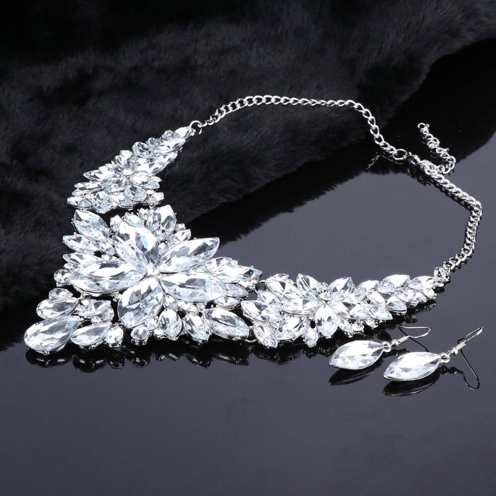 Verzilverd Bridal Sieraden Set Voor Bruiden Crystal Ketting Oorbellen Wedding Party Kostuum Accessoires Decoratie Vrouwen
