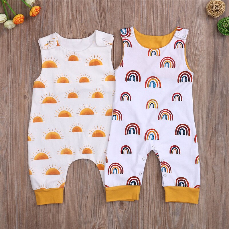 Infant Baby Boys Sleeveless Jumpsuit Summer Rainbow/Sun Printing Round Collar Romper Clothing for Travel Vacation