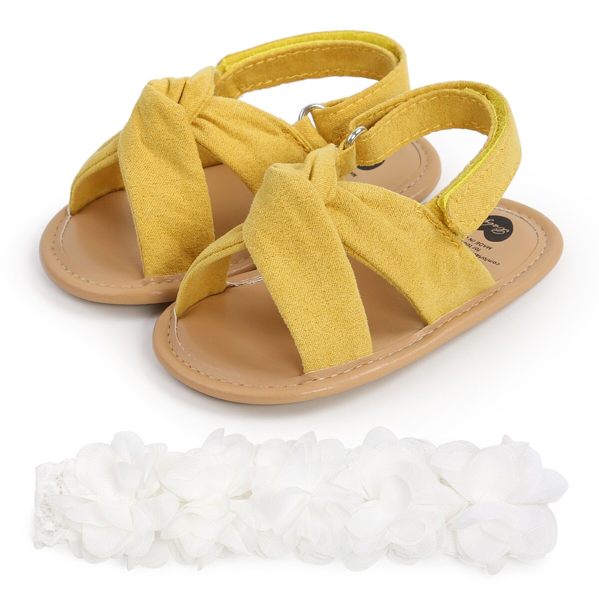 Zomer Baby Meisjes Sandalen Peuter Meisjes Bloem Sandalen Schoenen Zachte Casual Antislip Babyschoenen + Hoofdband 2 stuks Set: YELLOW / 13-18 months