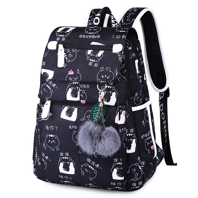 neue weibliche schule rucksack usb schule taschen für mädchen schwarz rucksack plusch ball mädchen schul schmetterling dekoration: B