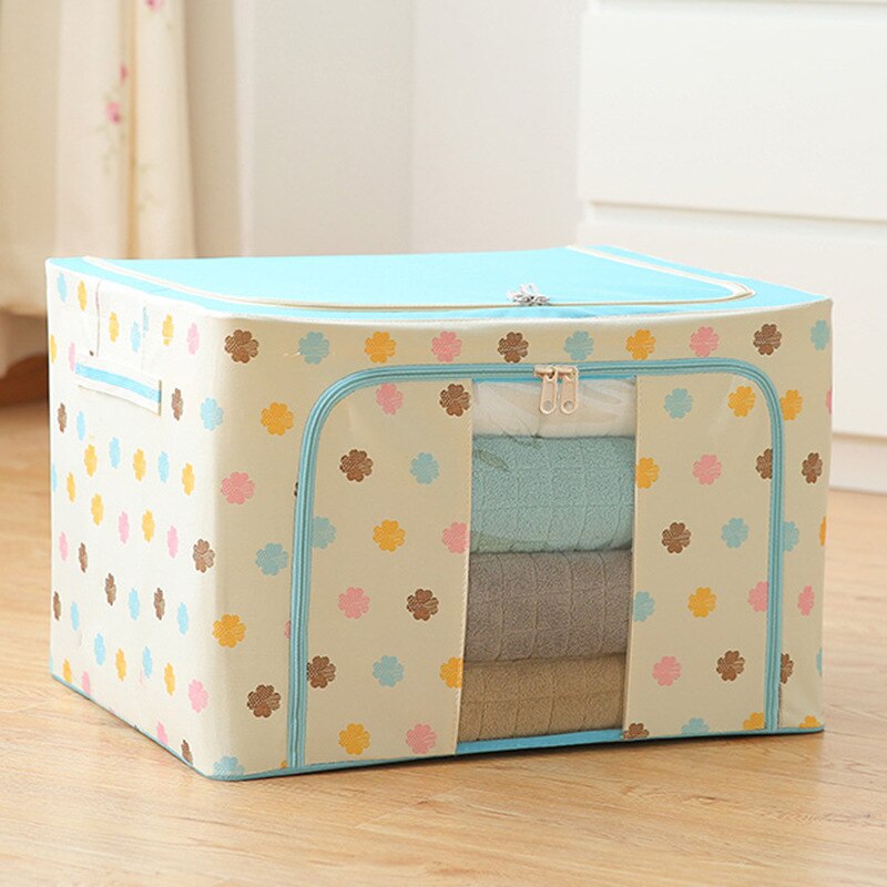 Steel Frame Storage Box Oxford Cloth Finishing Box Quilt Storage Box Folding WarDrobe Cloth Extra Large Storage Bag With Lid: Blue flower / 22 liters
