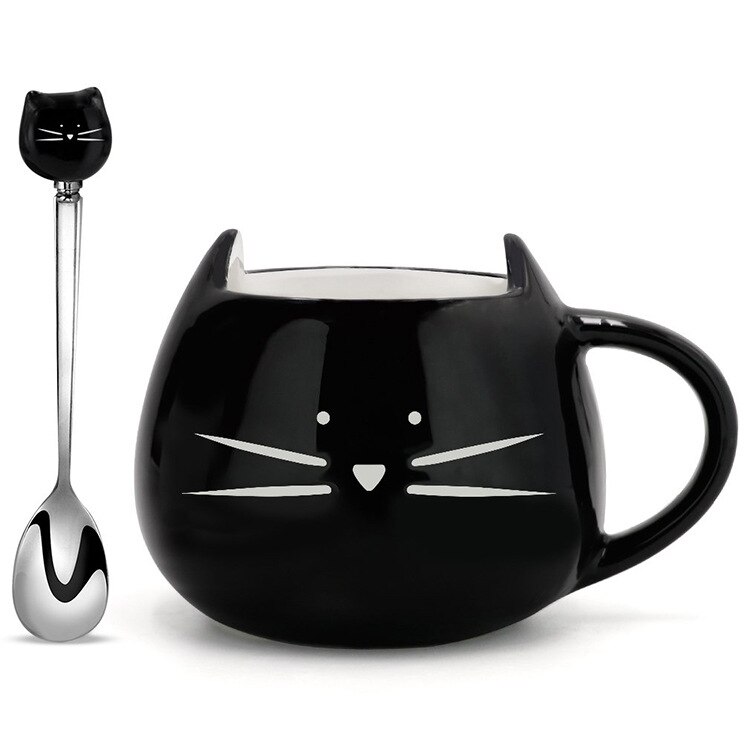 Keramiska söta kattmuggar med sked kaffe te mjölk djurkoppar med handtag 400ml drinkware nice: Svart
