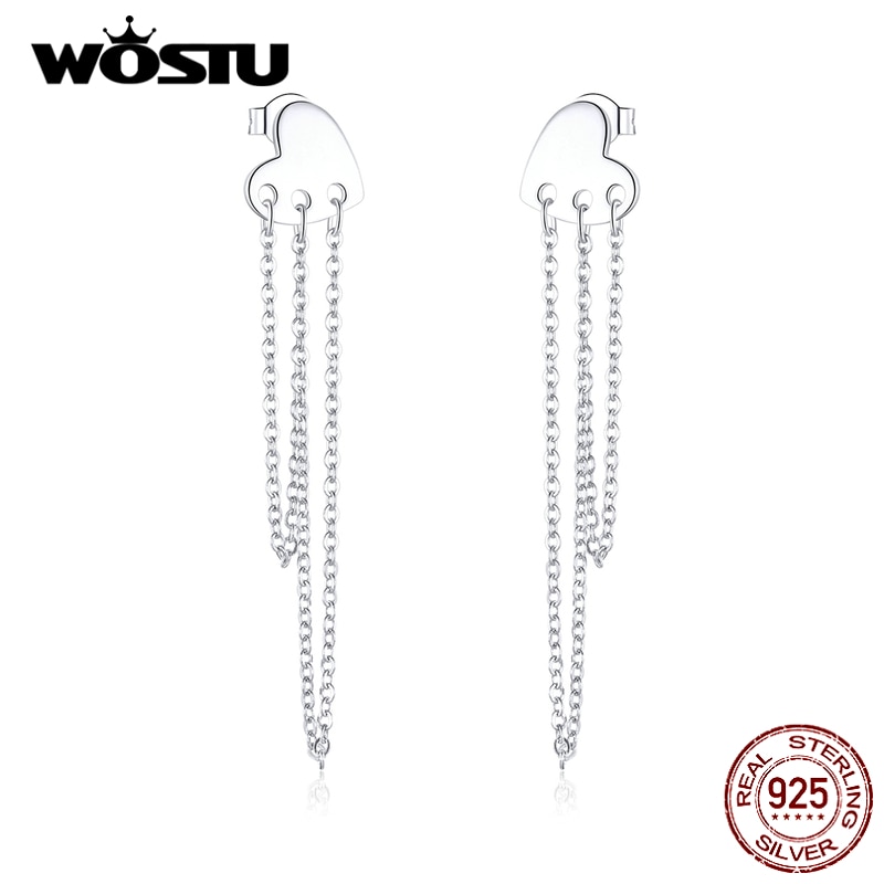 WOSTU Heart Silver Chain Earrings 100% 925 Sterling Silver Tassels Double Layer Link Long Women Earrings Jewelry CQE867