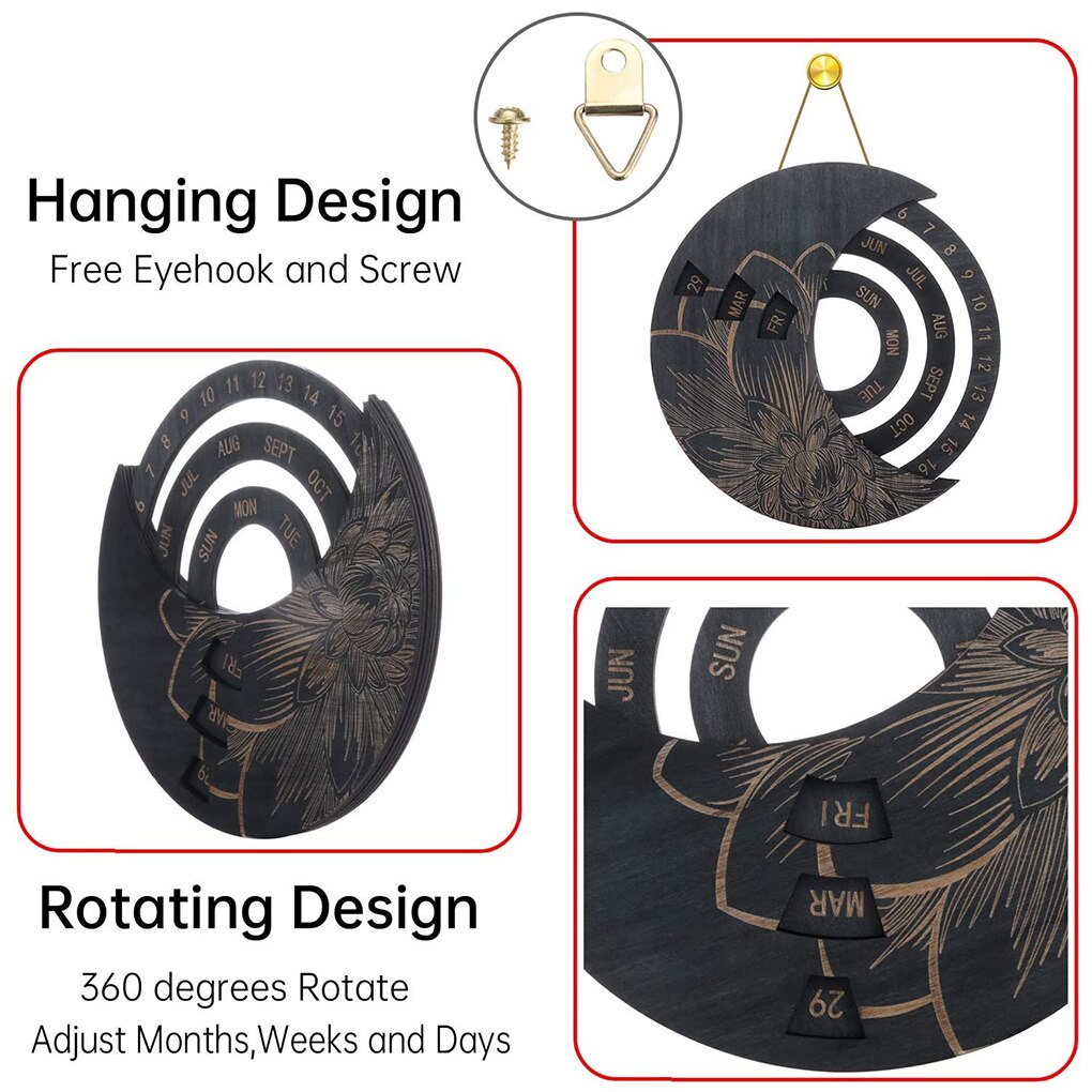 Hanging Perpetual Calendar Wooden Rotatable wall decoration Hand-Carved Adjustable Birthday Reminder Calendar Sign Board