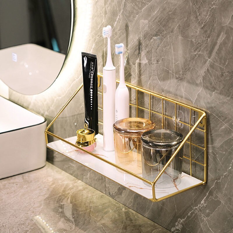 Gold Iron&amp;glass Wall Shelf Organizer Holder Kitchen Supplies Shef Storage Rack Hanging Storage Cabinet Organizer Bathroom Tools