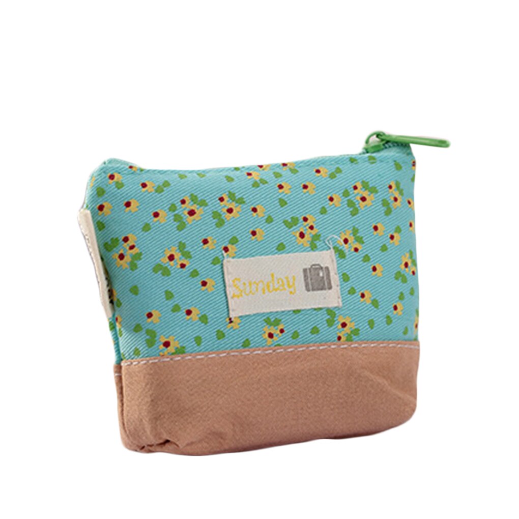 Portable Exquisite Flower Print Girils Zipper Canvas Pencil Case Key Coin Purse Makeup Bag Coin Bag: green