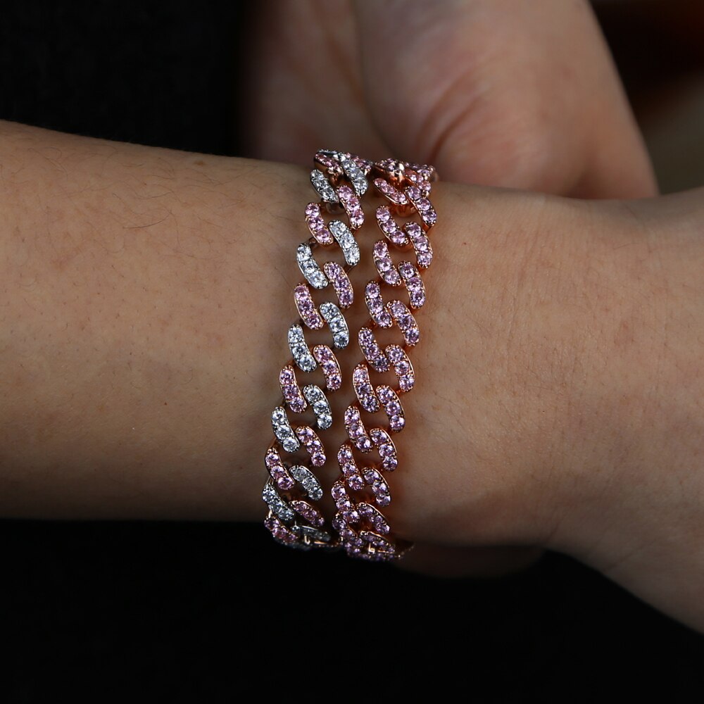 9mm width pink pinky white cubic zirconia cz Miami cuban link chain bracelet for women girl 17cm 19cm