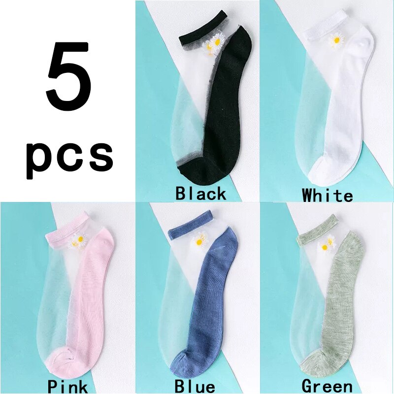 Calcetines de malla ultrafinos para mujer, medias transparentes de seda y fibra de vidrio, tobilleras, margaritas y flores, Sexy, 5 par/lote: Style 1