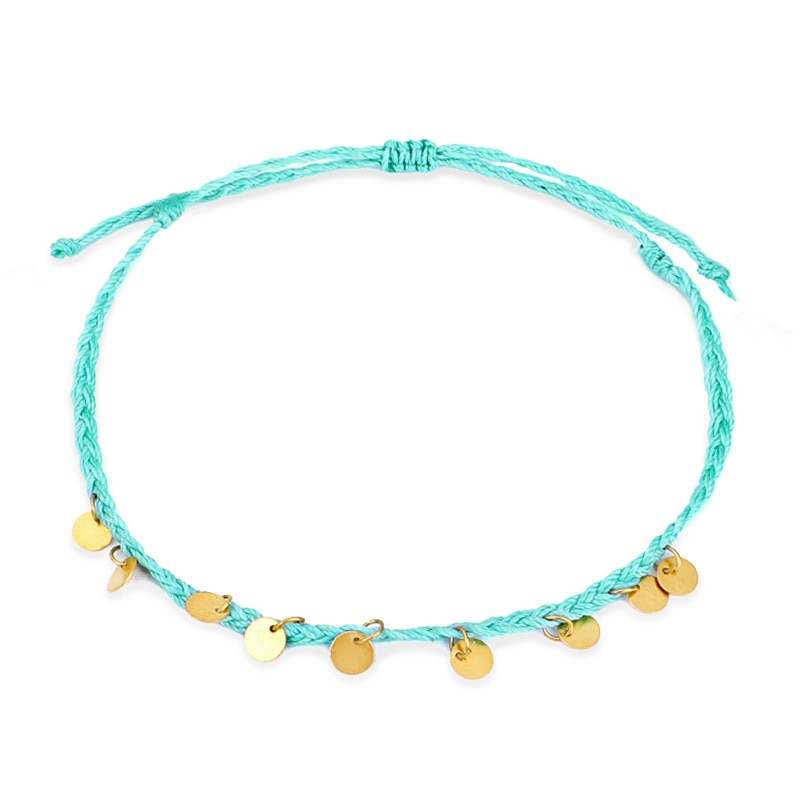 Bracelet de cheville en fil de cire tissé à la main avec pendentif en forme de disque de cuivre, bijou de plage simple pour femmes