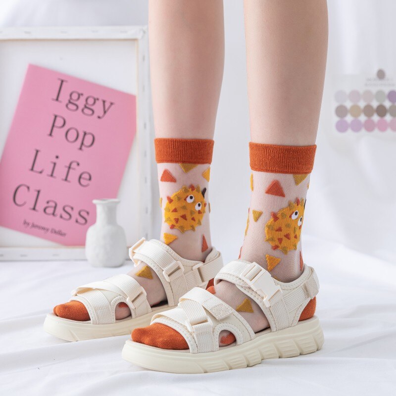 Japanese Korea Style Casual Transparent Crystal Silk Trend Women Socks Cartoon Fruit Ultrathin Glass Silk Socks Meias