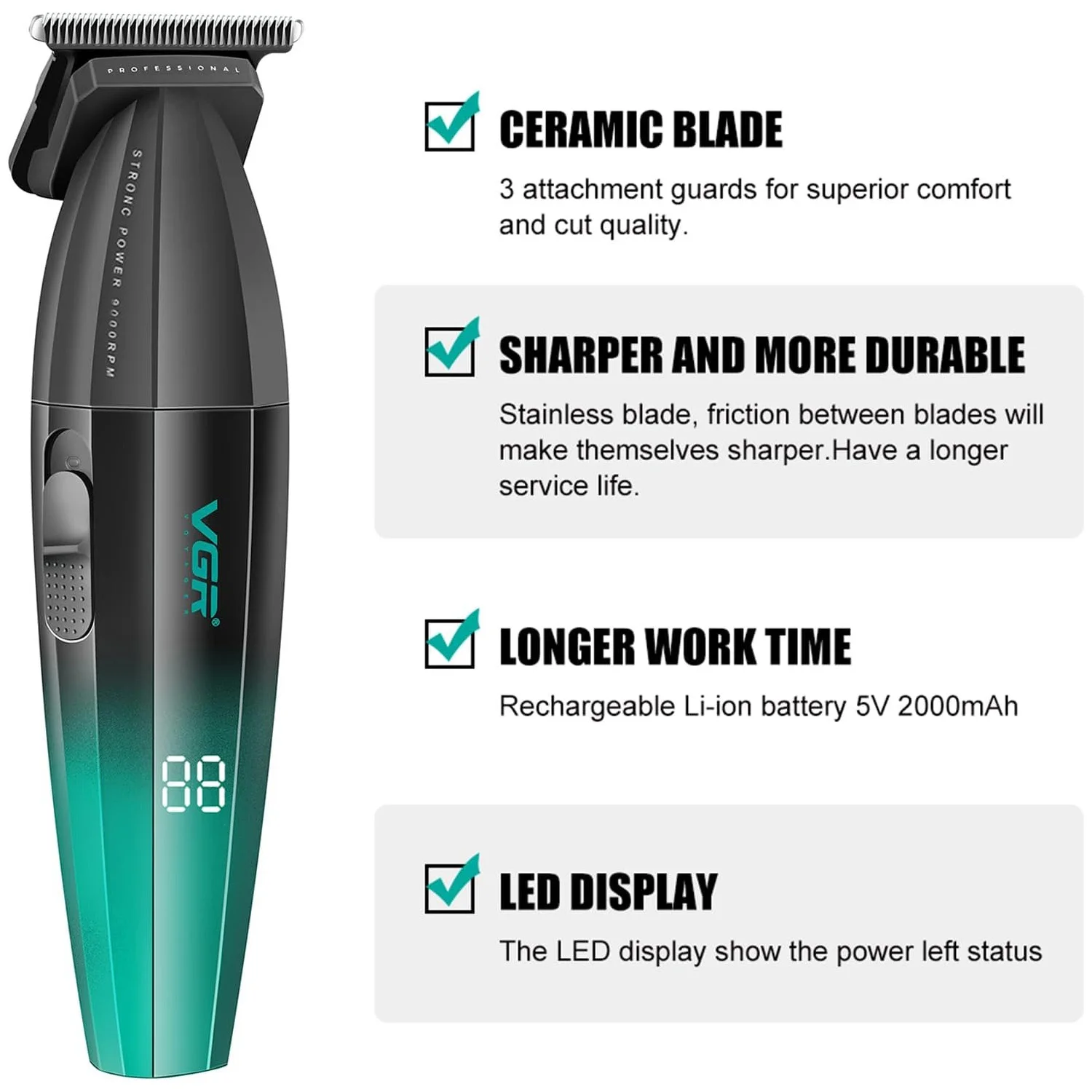 Vgr 003 906 profissional fade máquina de cortar cabelo sem fio aparadores para homens conjunto carga usb display led kit corte cabelo