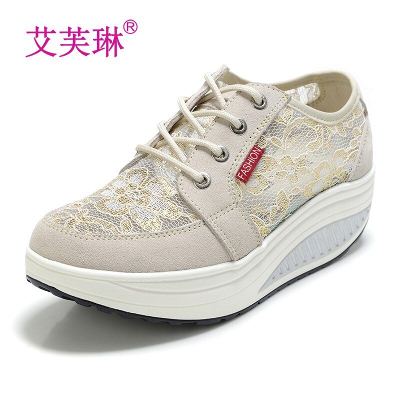 Height Increasing Sneakers Women - Lace Up Wedge Toning Shoes - Breathable Anti-Slip Fitness Workout: Khaki / 40
