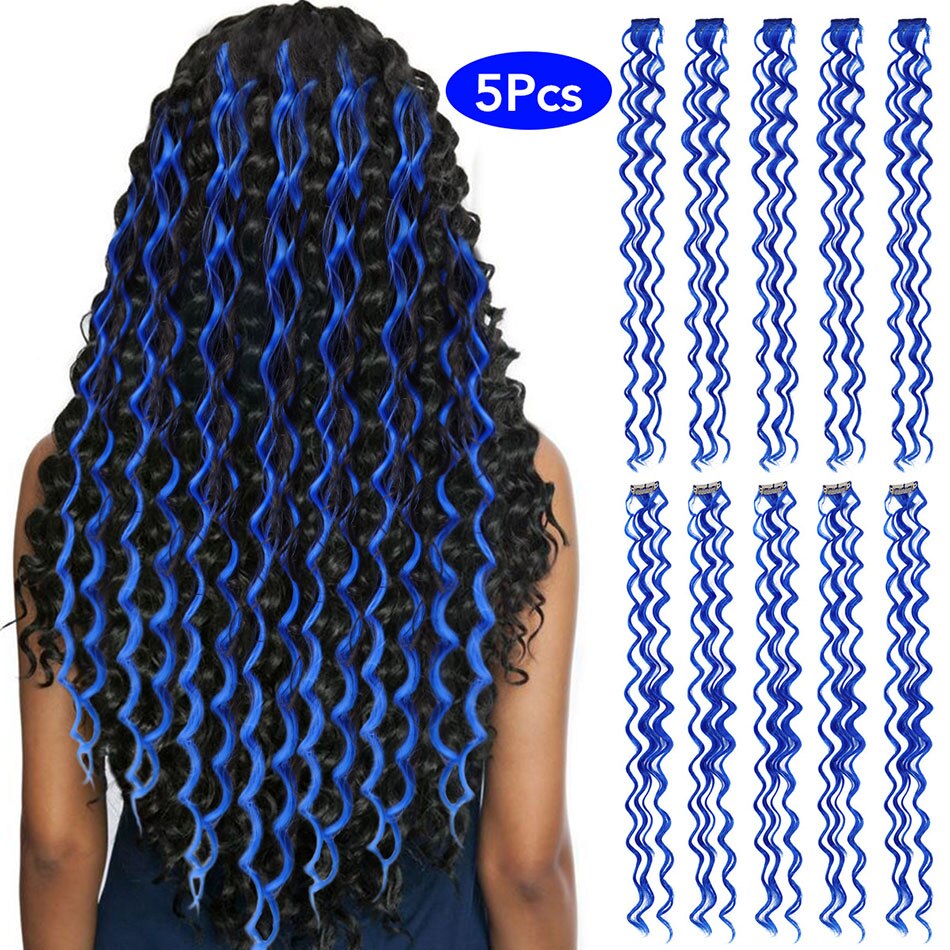Synthetische Diepe Golf Clip In Hair Extension 24 Inch 10 Stuks Natuurlijke Haarstukje Regenboog Gekleurde Topper Voor Vrouwen Door Yaki schoonheid: Blue