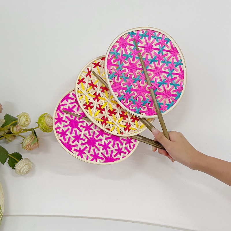 Éventail Tressé en Bambou, Fait à la Main, Tissage Coloré de Prairie, Décoration de Maison, Artisanat d'Été, 1 Pièce
