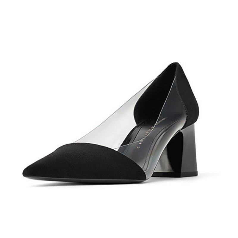 LTARTA buty damskie szpiczasty nosek szwy przezroczyste gumowe szpilki buty nowe niskie usta czarne zamszowe buty na obcasie FCH