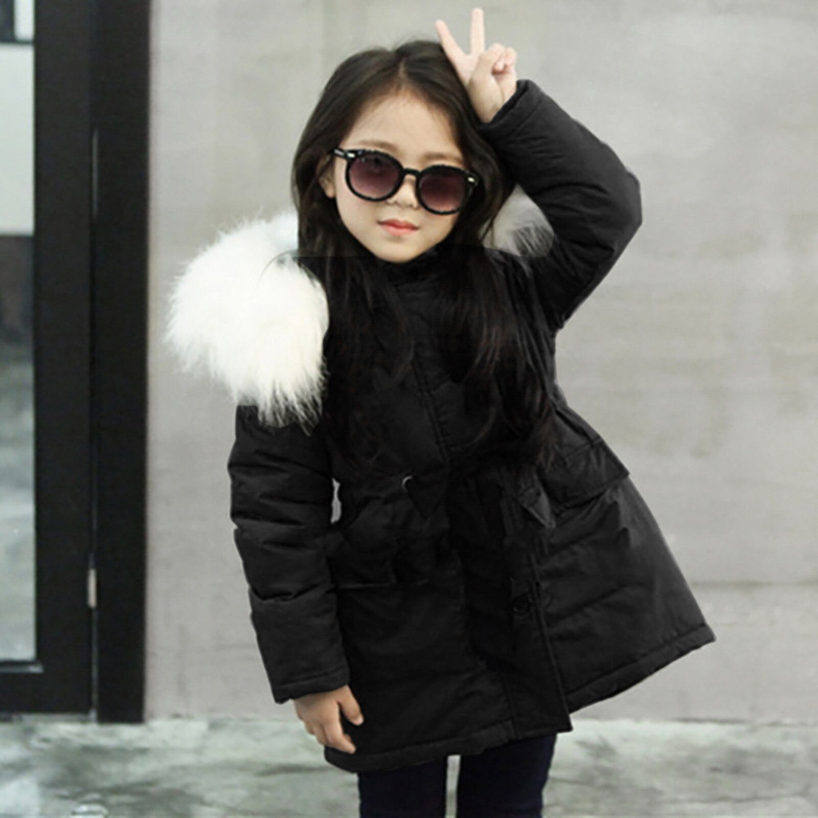 Toddler Girl Winter Clothes Pocket Baby Girl Fur Hooded Tops Solid Padded Coat Kids Long Thicken Warm Jacket Зимний Комбинезон Д