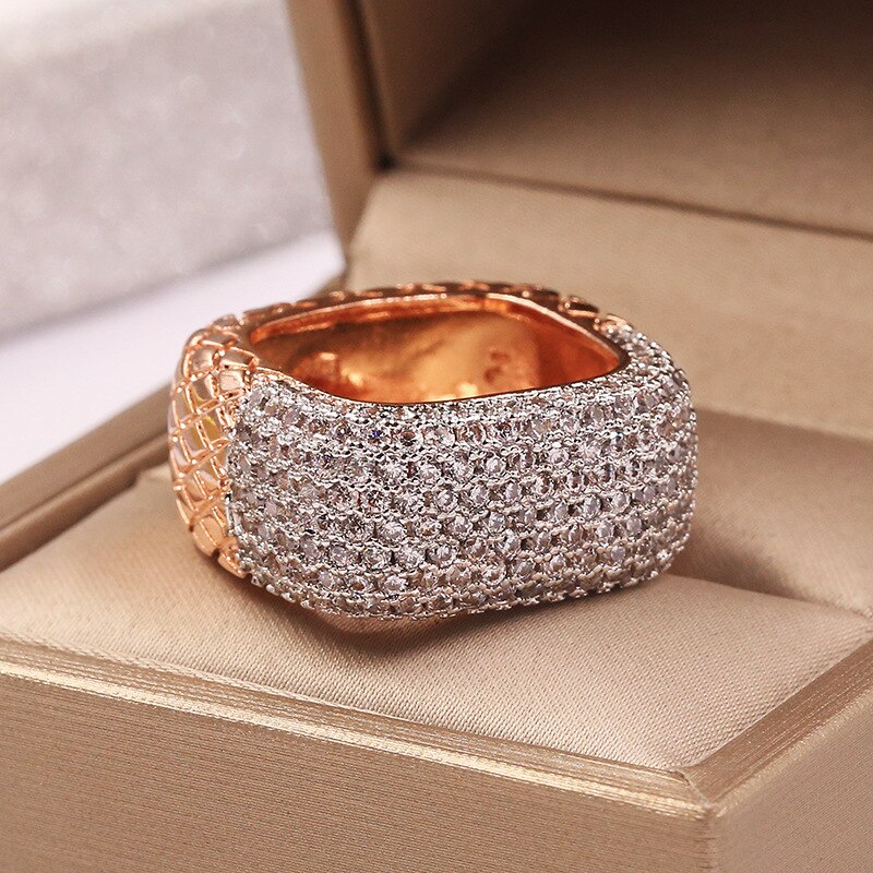 Luksus rose guldfyldte ringe til kvinder indlagt hvid zirkon bryllup forlovelse lover kærlighed to tone ring smykker