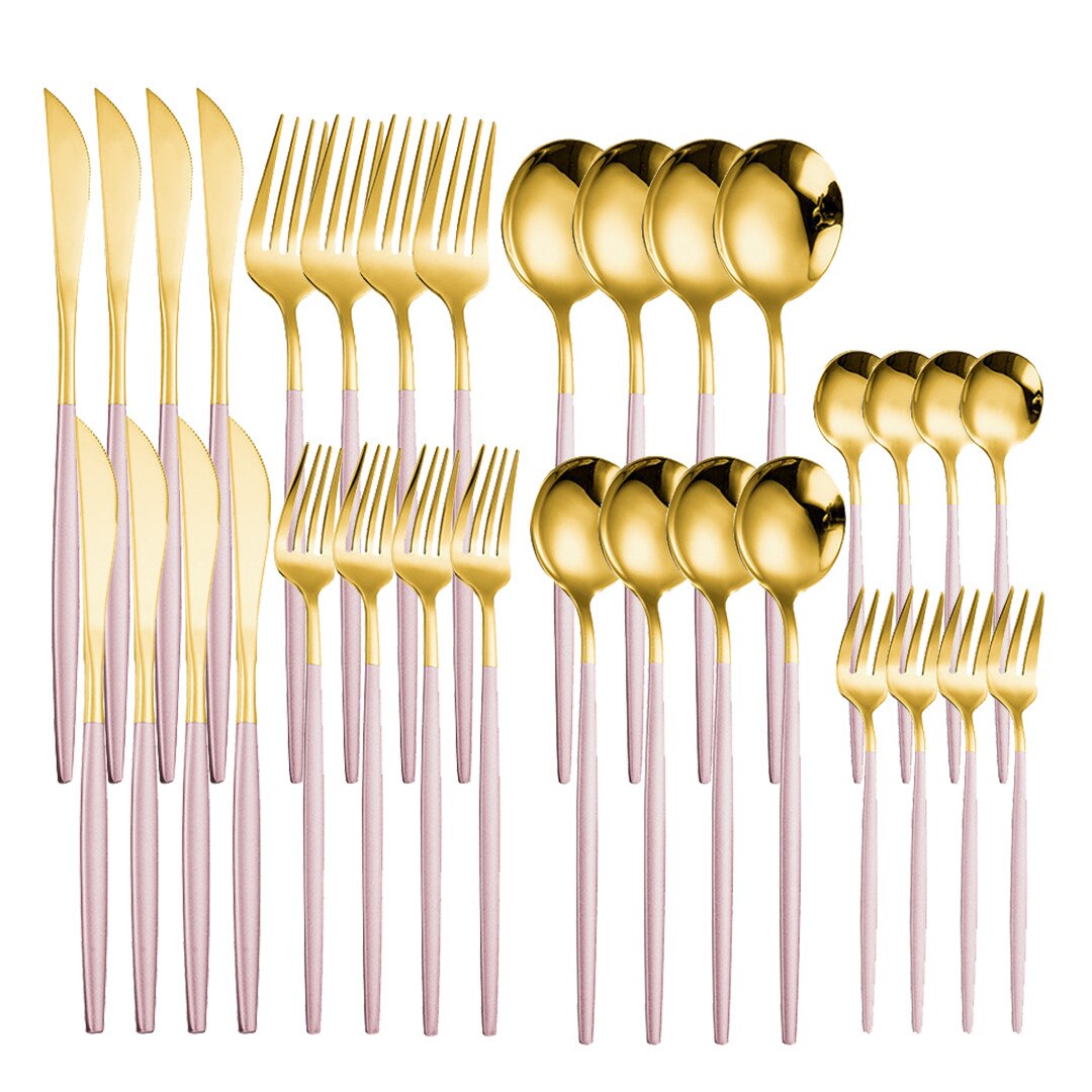 Pink Gold 32Pcs Cutlery Set Stainless Steel Dinnerware Mirror Resueable Luxury Home Knife Spoon Fork Tableware Set Flatware Set: pink gold 4sets