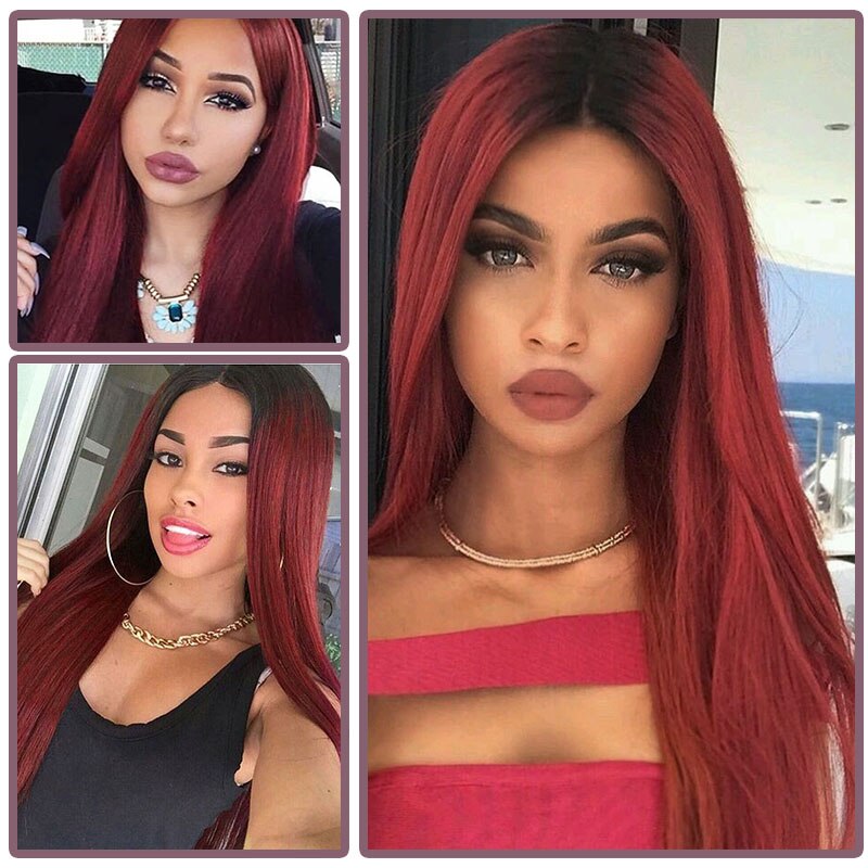 Peluca larga recta en negro y rojo, pelucas sintéticas para mujer, peluca de malla con división media Natural, peluca de fibra resistente al calor con aspecto Natural