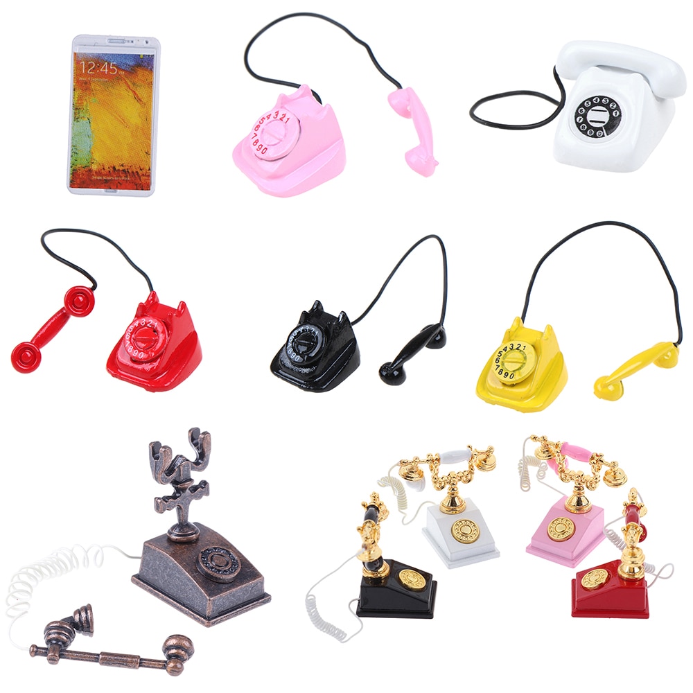 1:12 Miniature Phone Model Alloy Vintage Retro Rotary Telephone Phone Dollhouse Decoration Accessories