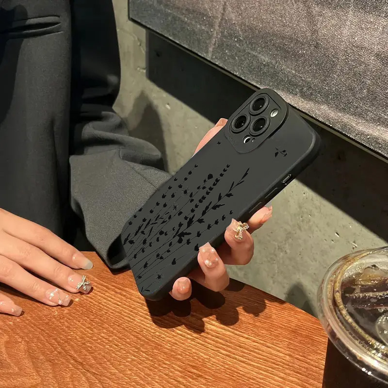 Funda de teléfono con gráfico de estilo negro Art Flower para iPhone 16 15 14 Pro Max 7 8 Plus fundas para iPhone 11 13 12 16E XR X XS funda suave
