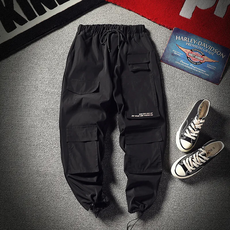 Pantalones Cargo morados para hombre, pantalón holgado de Hip Hop para correr, monos con bolsillos, pantalones de chándal de para estudiantes, ropa de calle coreana para hombre: M 49-53kg / Black