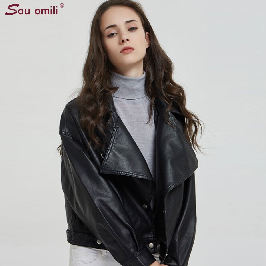 Oversized imitatieleren jas met knopen op de rug, dames motorjas, zwarte biker jaquetas couro casaco chaqueta damesjas
