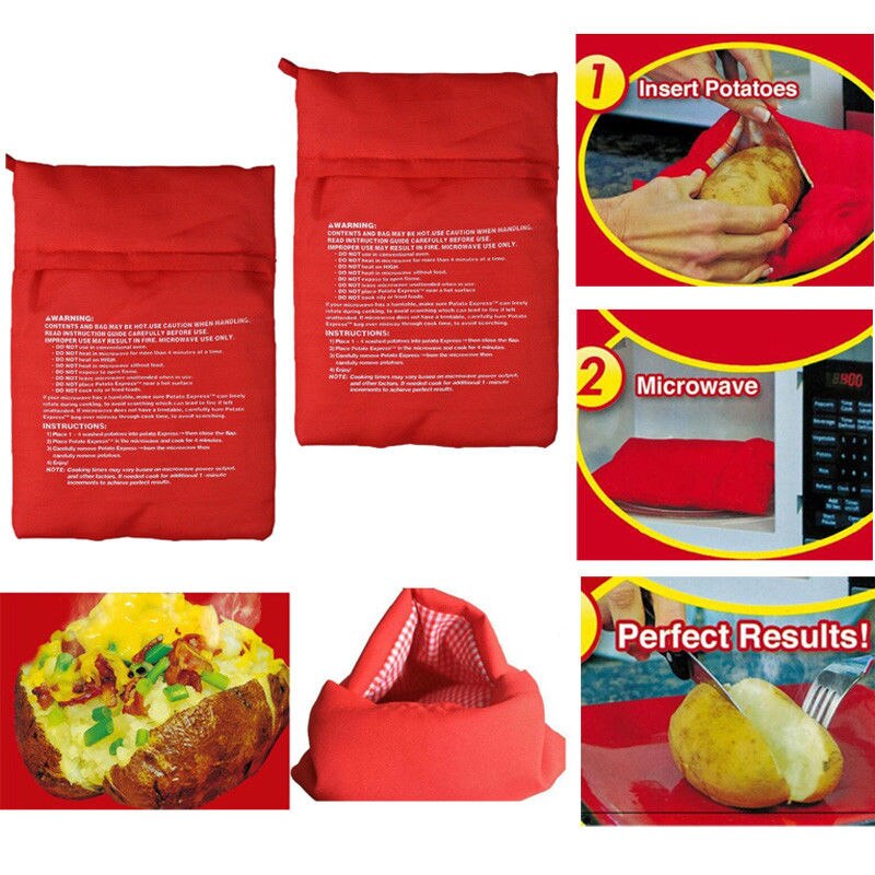Bolsa para cocinar patatas en microondas, lavable, color rojo, 1 Uds., bolsa para hornear arroz, bolsillo, utensilios de cocina fáciles de cocinar