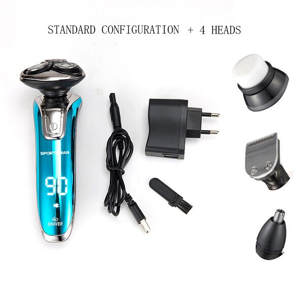 3headed Washable Electric Shaver 4IN1 Beard Trimmer Multifunctional Razor for Men Shaving Machine Face Body Care Electric Shaver: 3 replace heads Blue