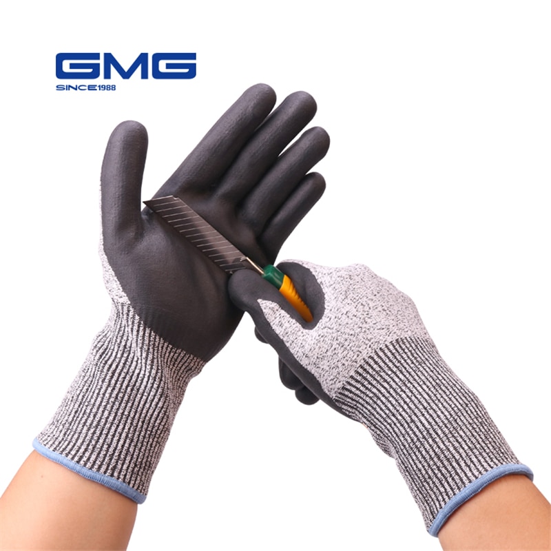 Seguro ferramenta de trabalho gmg cinza anti-corte hppe escudo preto nitrilo espuma revestimento luvas de segurança trabalho corte à prova luvas