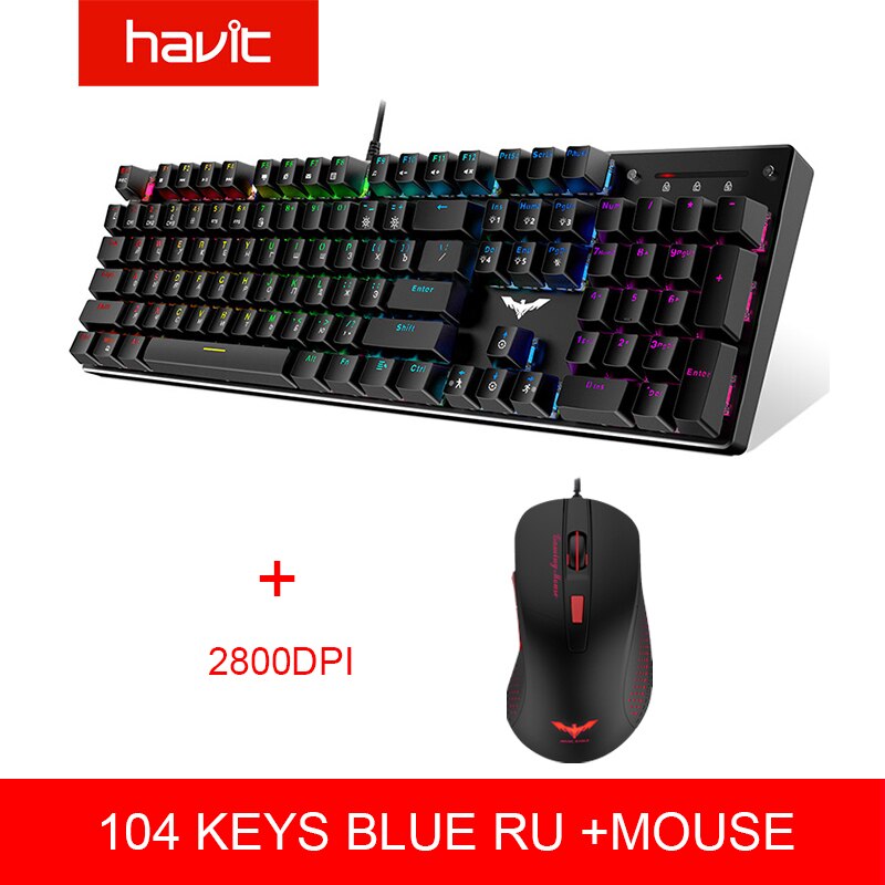 HAVIT Mechanical Keyboard 87 / 104 Keys Blue / Red Switch Wired USB Gaming Keyboard Backlight RU/US Keyboard For Desktop Laptop: 432 LED Blue RU 745