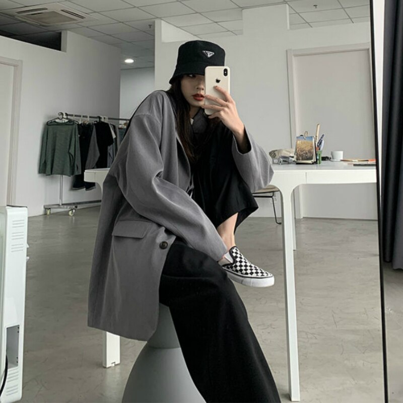 Blazere kvinder solid enkeltradet oversize retro forår efterår chic afslappet dame blazer teenagere enkel all-match stilfuld bf