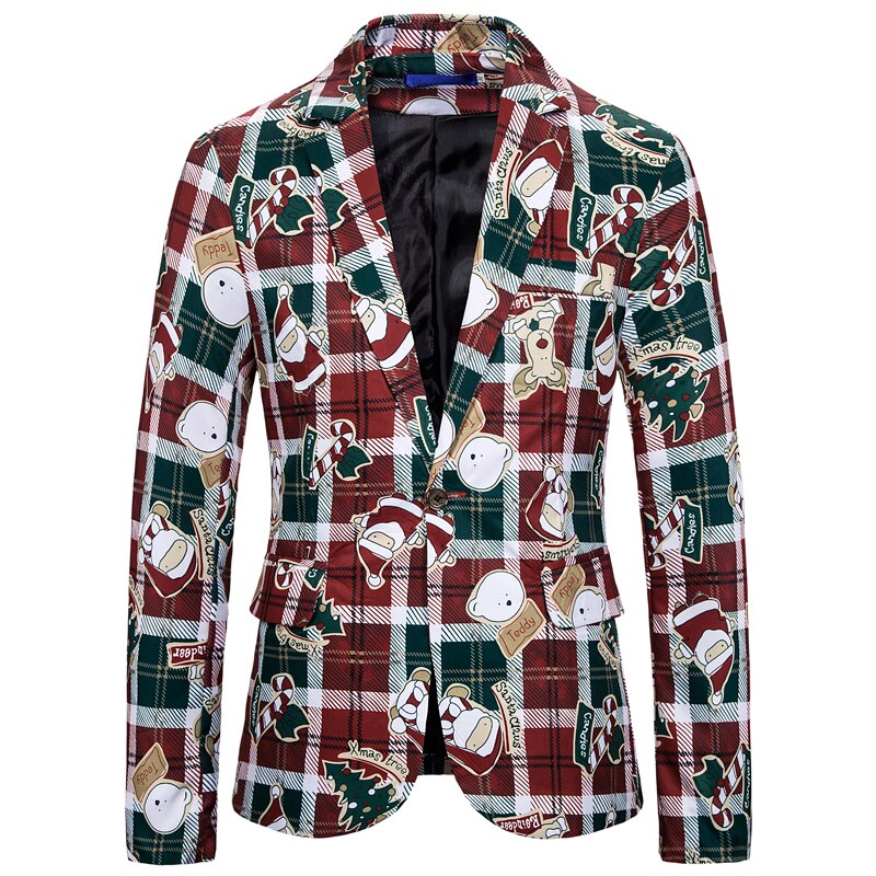 hommes Blazer noël père noël imprimer costume veste manteaux décontracté fête bal mince scène Costumes vêtements pour hommes: Wine Red Blazer / S