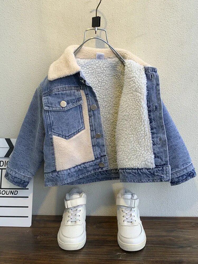 2-8 Jaar Oid Lamswol Dikke Warme Kids Denim Jas Bovenkleding 2022 Herfst Turn Down Kraag Zakken Jongens winter Jean Jassen