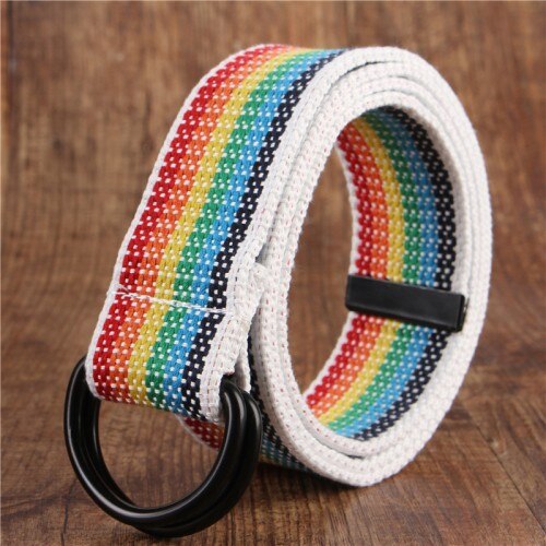 cinturón de lona para hombres jóvenes lona doble anillo hebilla Simple salvaje cinturón vaquero hombres mujeres: caiseG
