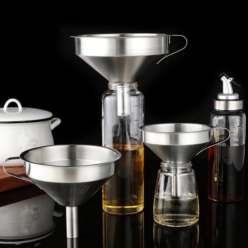 Embudo de cocina de acero inoxidable 304, embudo de aceite líquido con colador, filtro de aceite de alimentos de Metal pequeño para botellas, utensilios de cocina